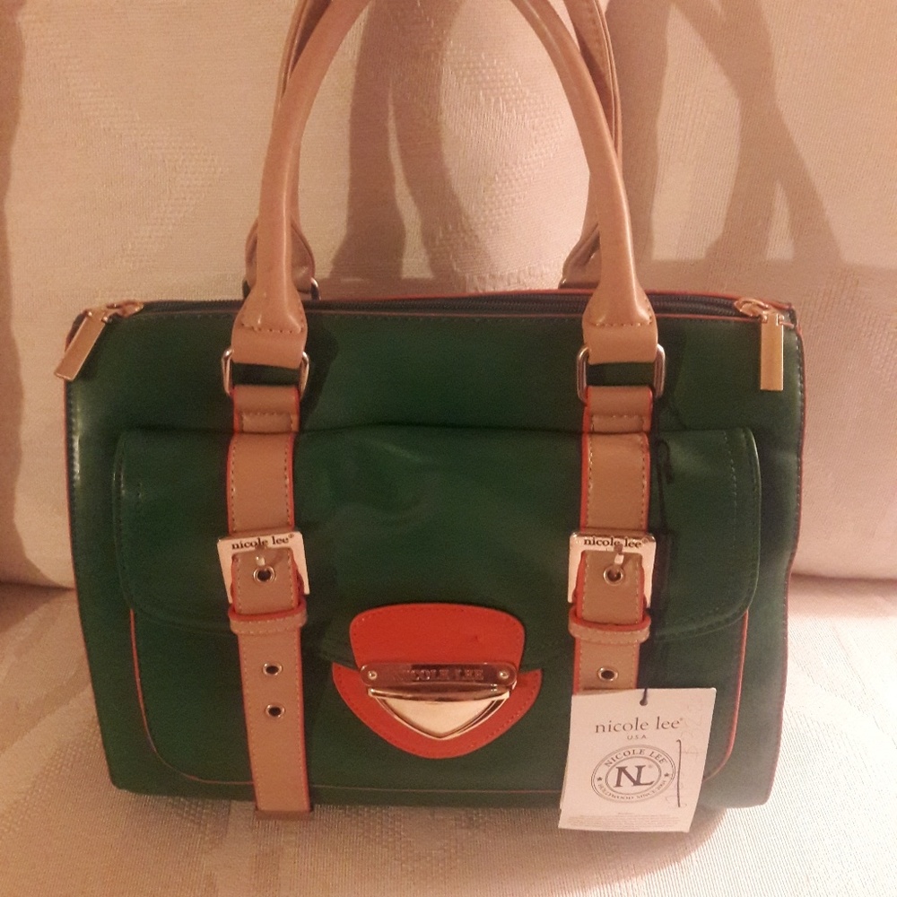 Nicole Lee Green and Orange Leather Buckled Purse